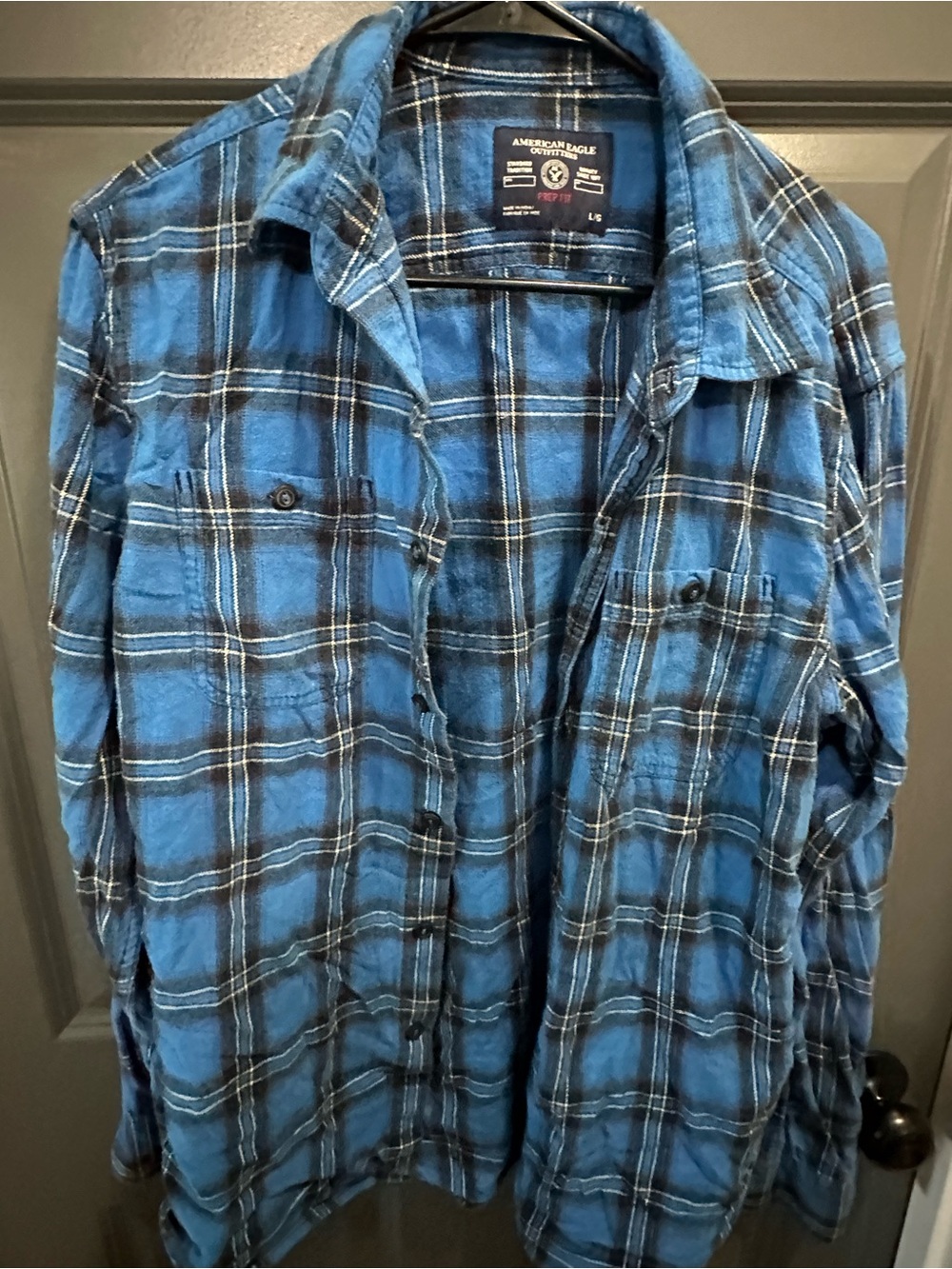 American Eagle Outfitters Blue and Black Plaid Button-Down Shirt